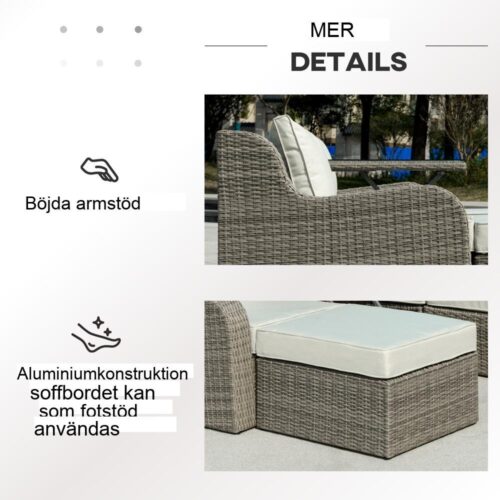 Ljusgrå och beige polyrattan 3-delad uteplatsloungeset med bord och kuddar