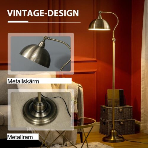 Retro båggolvlampa med justerbar lampskärm – belysning i mässingslook för vardagsrum och sovrum