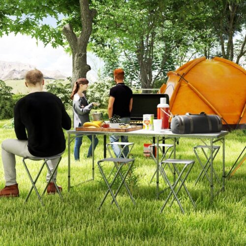 Hopfällbart campingbord och 6 stolar set – väderbeständig, grå