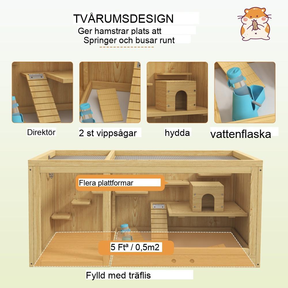 Hamsterbur i trä, Gerbilbur med gungor och stege, naturligt granträ (100 cm)