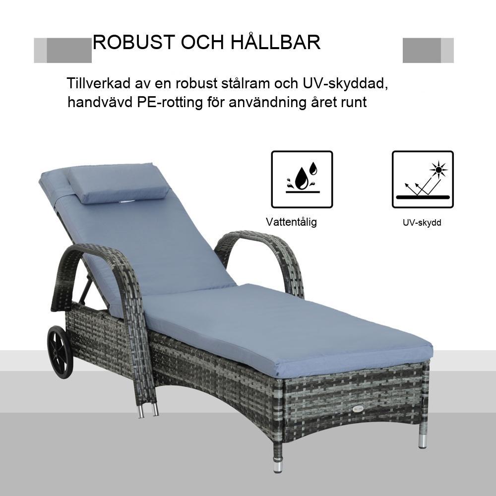 Justerbar trädgårdsstol i grå polyrattan med dyna och hjul