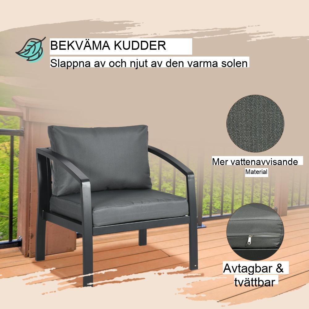 Modernt 4-personers uteplatsset med kuddar, grått och svart väderbeständigt aluminium