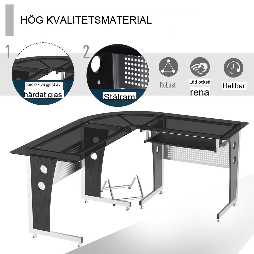 Svart hörnskrivbord i glas med tangentbordsbricka och PC-hylla – 164x139cm