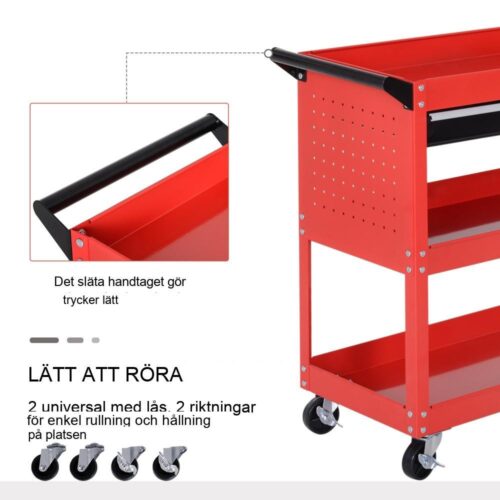 Red Steel Tool Trolley med låda, 60 kg kapacitet, garageförvaring