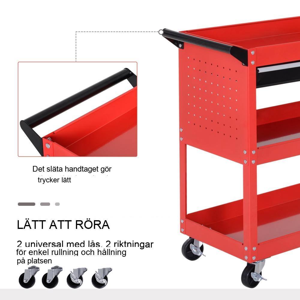 Red Steel Tool Trolley med låda, 60 kg kapacitet, garageförvaring