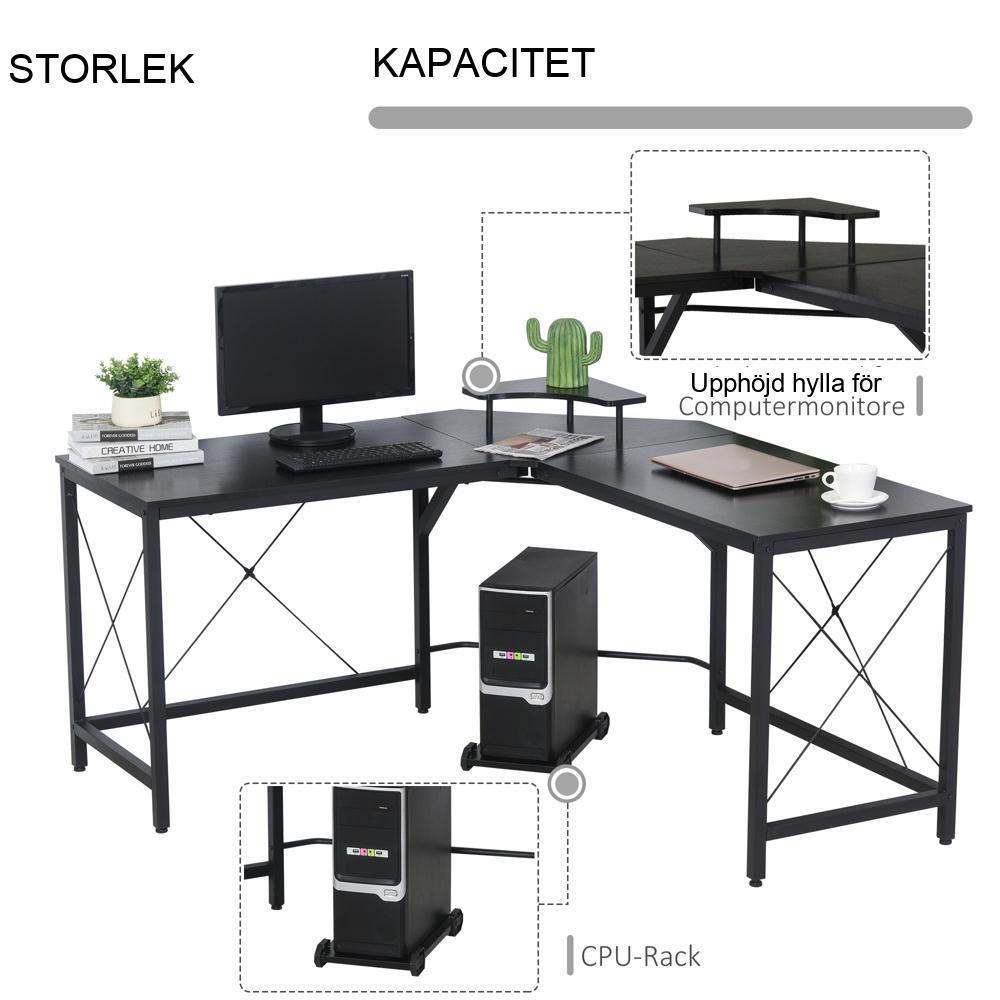 L-format hörnskrivbord med bildskärmsstativ – industristål svart