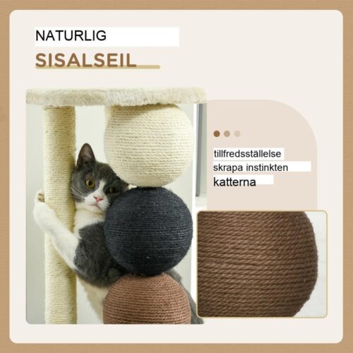 Slitstarkt beige kattträd med sisal-skrapstolpar och bollar (upp till 30 kg)