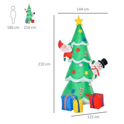 Uppblåsbar julgran med tomte och snögubbe – LED-upplyst 7 fot utomhusdekor