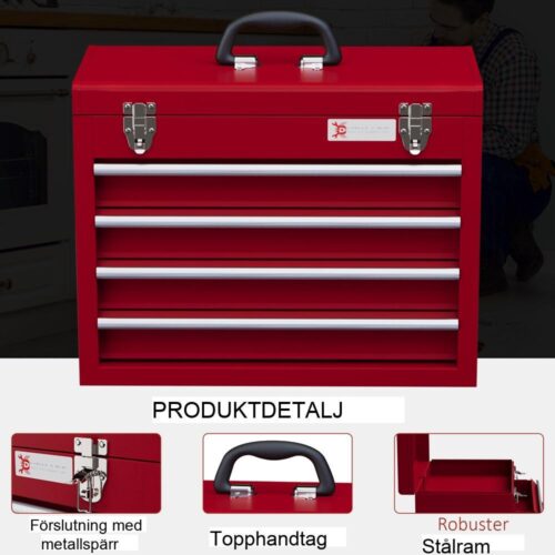 Verktygslåda i stål med lås, 4 lådor, övre fack och handtag