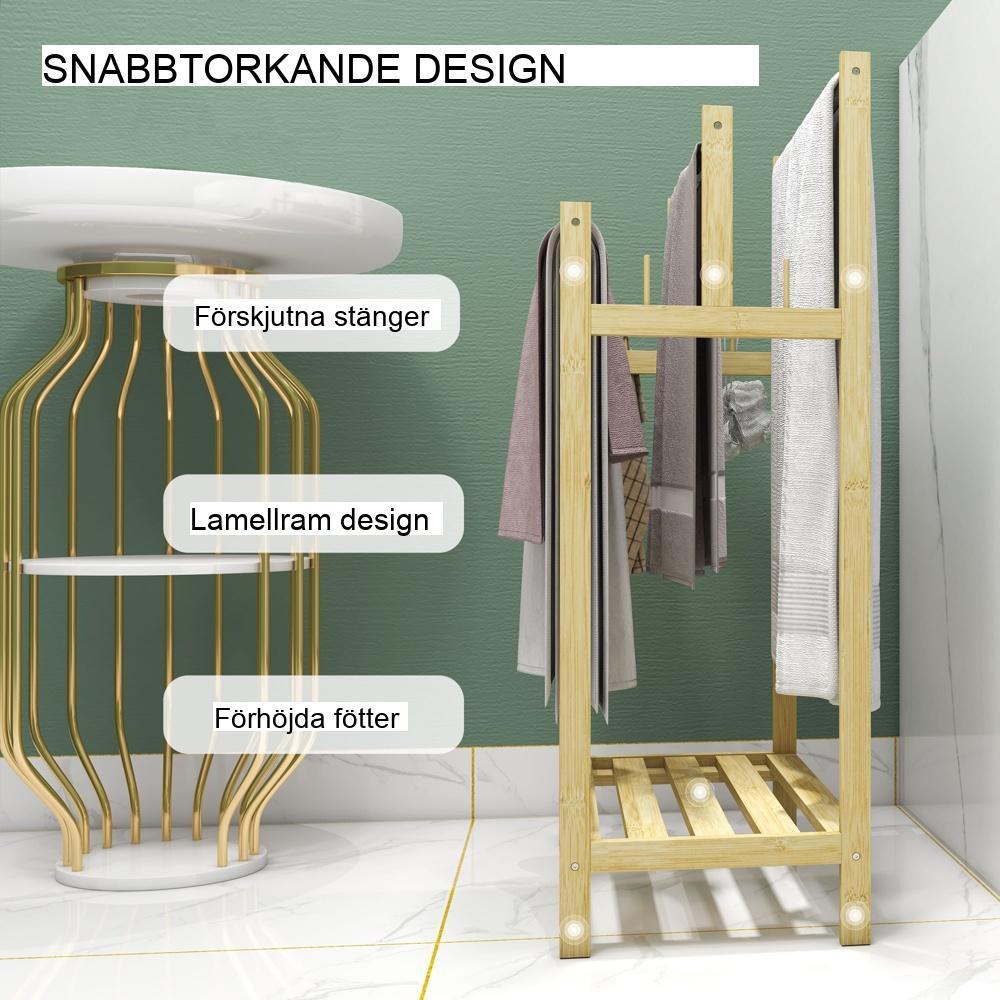 Handduksställ i bambu med 4 krokar, 3 handduksstänger för badrum, naturlig torkdesign