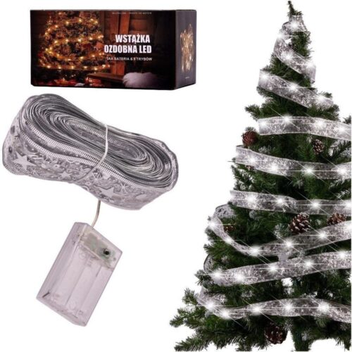 10M Silver LED Ribbon Lights för julgran – 100 kallvita lysdioder Batteridriven 8 lägen