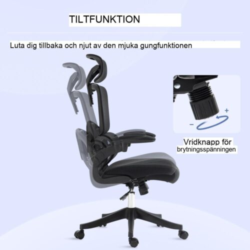 Ergonomisk kontorsstol i mesh med gungande, justerbar höjd och hopfällbara armstöd