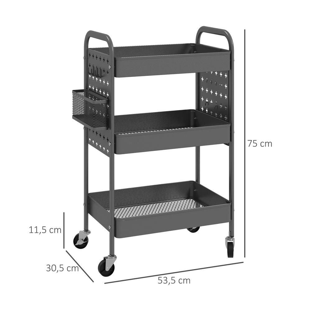Mörkgrå 3-lagers rullande förvaringsvagn med hängande korgar för kök och hem