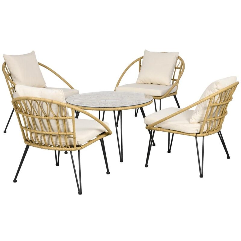 Rotting Garden Dining Set – Bord och 4 stolar, beige kuddar