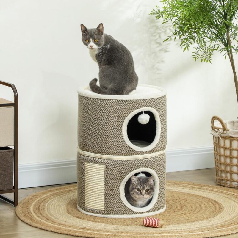 Mörkgrå Sisal Cat Tower med skrapstolpe, Hideaway och plysch