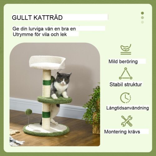 Grönt kattträd med skrapstolpe, säng och lekbollar – liten