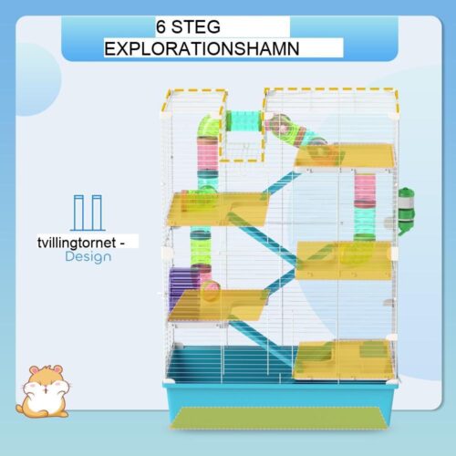 6-vånings hamsterbur med rör, tunnlar och hjul – Ljusblå Perfekt för dvärghamstrar och gerbiler