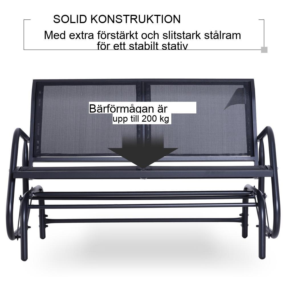 Svart metall 2-sits trädgårdsgungstol med nätsits