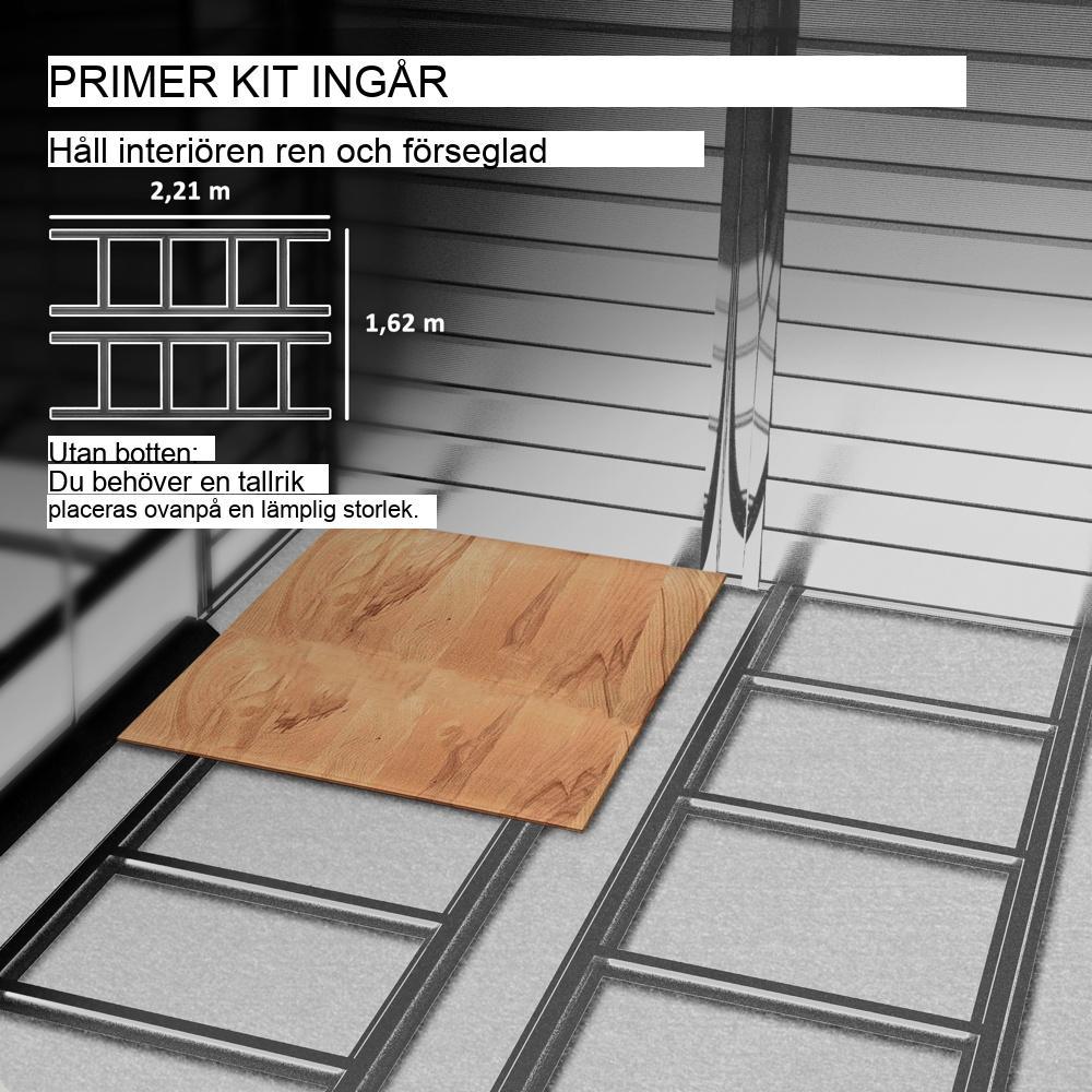 Rymligt 4,4 m² verktygsskjul i galvaniserat stål med skjutdörr och fundament