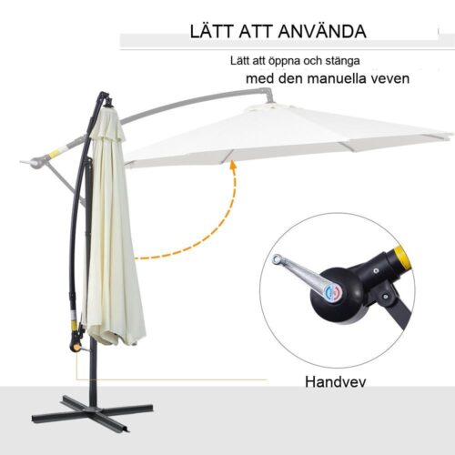 Stort krämfärgat hängande parasoll, 300 cm stålstomme, handvev, för uteplats