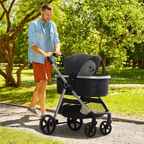 3-i-1 Barnvagn för Hund | Vikbar design med nätfönster och bromsar | Bekväm kudde, bärväska, bilbarnstol | Upp till 15 kg kapacitet | Ram i aluminium