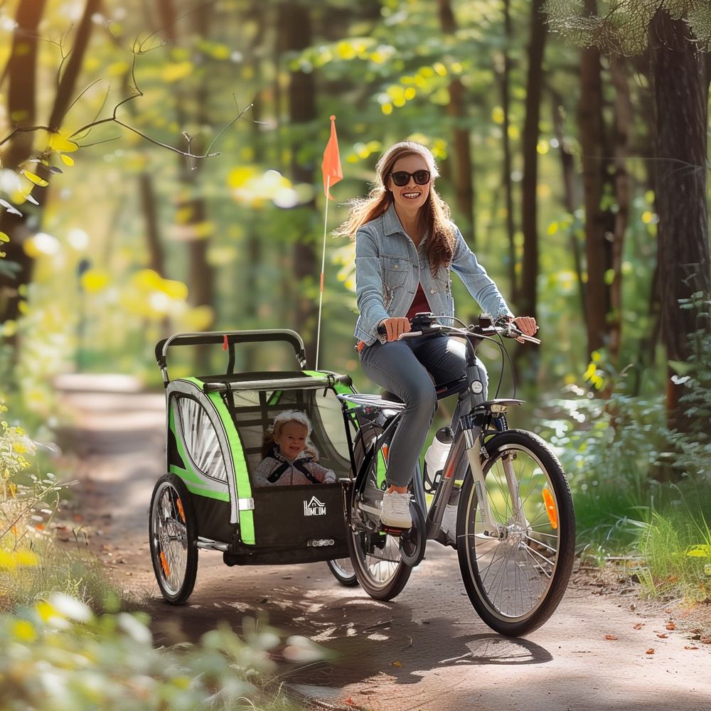 2-i-1 barnvagn för cykelsläp – plats för 2 barn med säkerhetsbälten och luftdäck