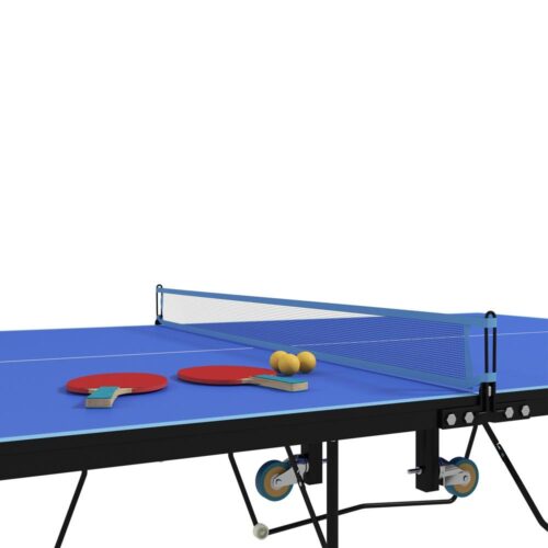 Stålblå hopfällbar utomhusbordtennisset med nät, hjul och tillbehör 274×152,5 cm