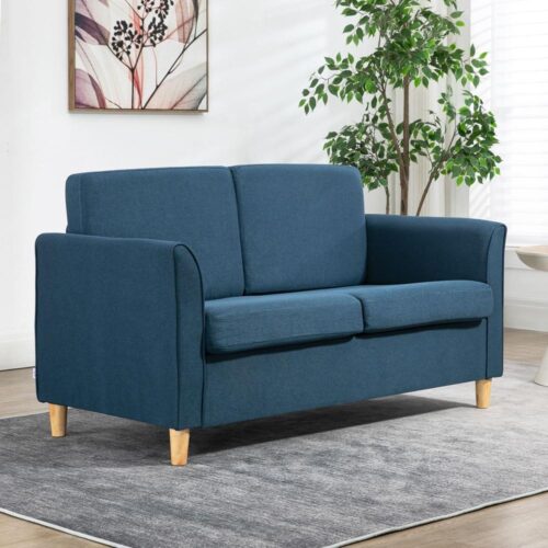 Blå modern soffa i linnelook med träben, 2-sits soffa