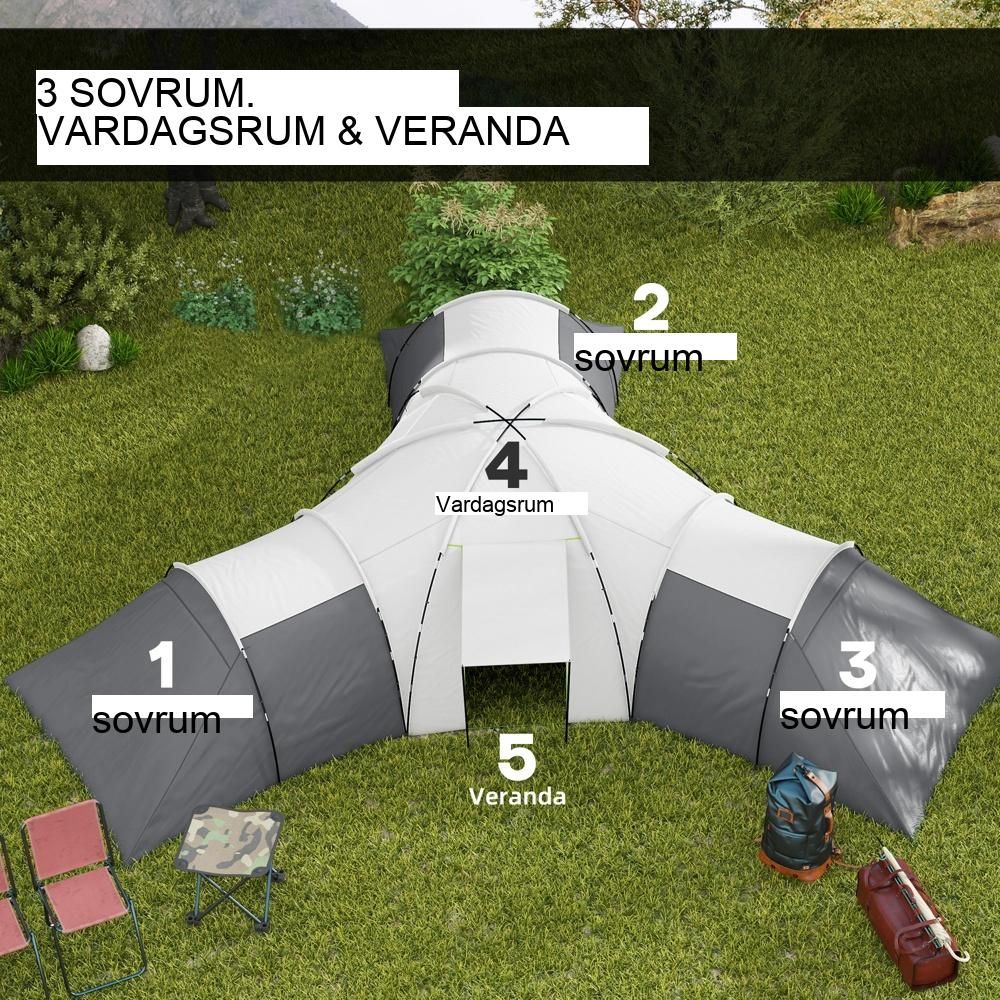 Rymligt 6-9 personers tunneltält med 3 sovrum, veranda och vattentät design grå