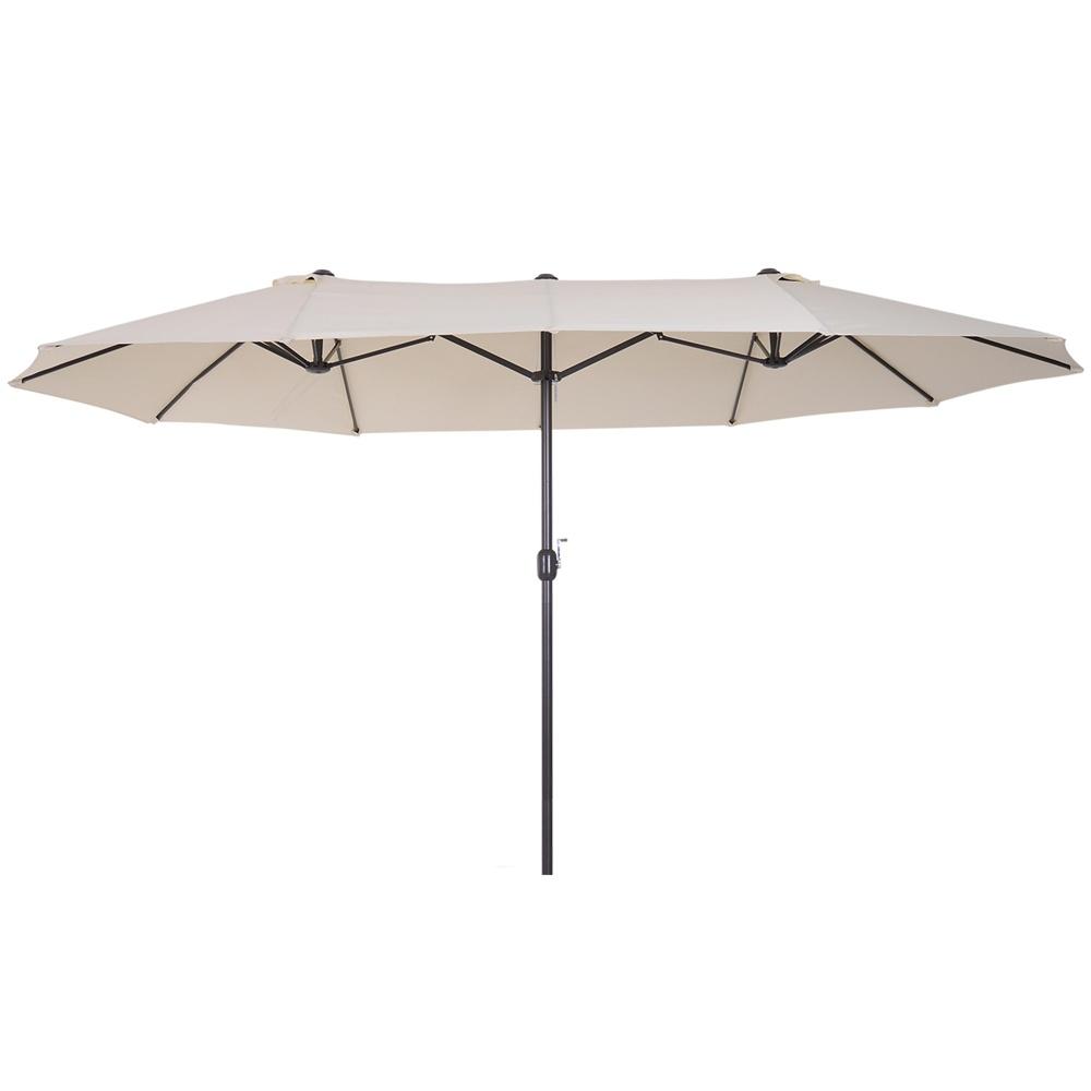 XXL Beige uteplatsparaply med handvev, dubbelparasoll – 455 x 270 cm