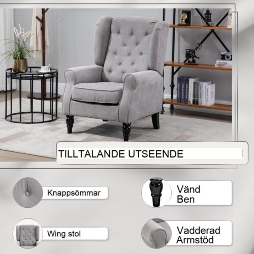 Snygg grå vingstol med tuftning, träben – Reading Accent Chair