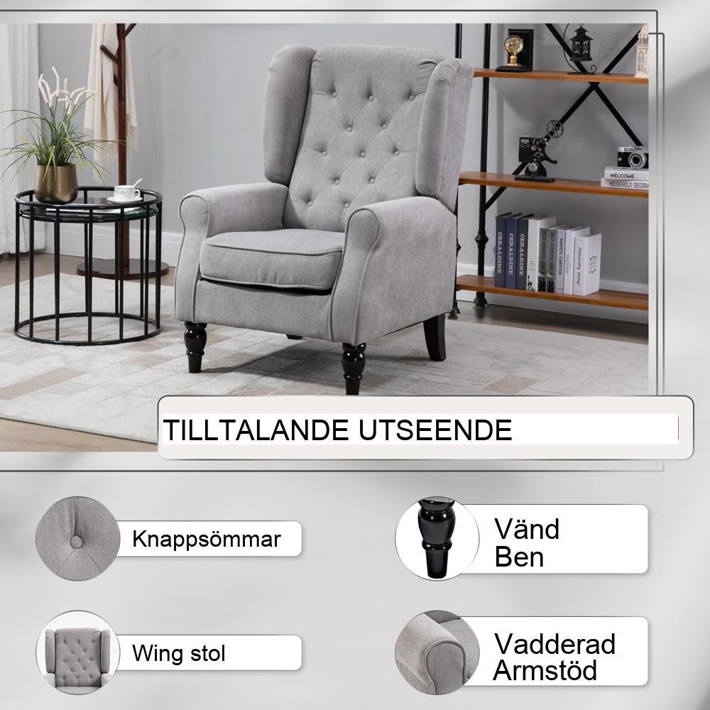 Snygg grå vingstol med tuftning, träben – Reading Accent Chair