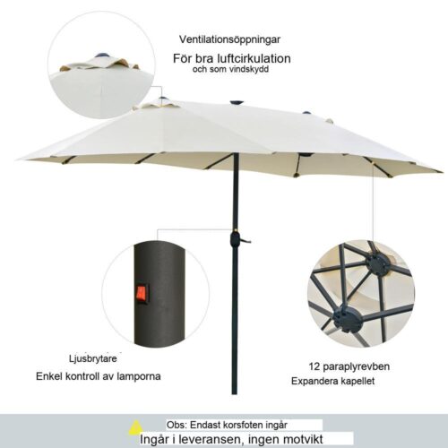 Gräddvitt dubbelparasoll med LED-lampor, 440 x 256 cm Trädgårdsparaply med vev