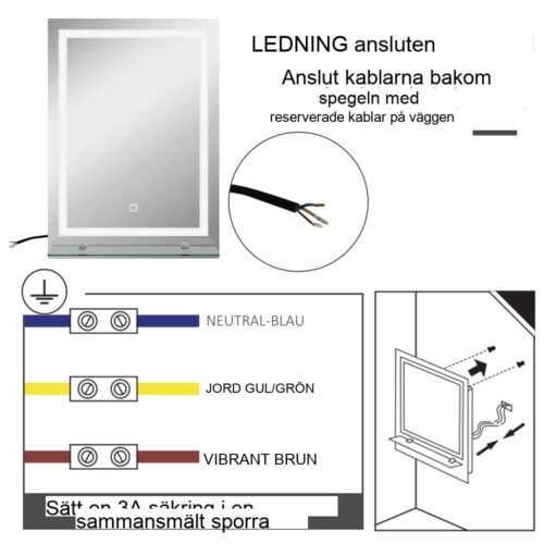 LED Badrumsspegel med 3 ljusfärger och Touch Switch, 50x70cm