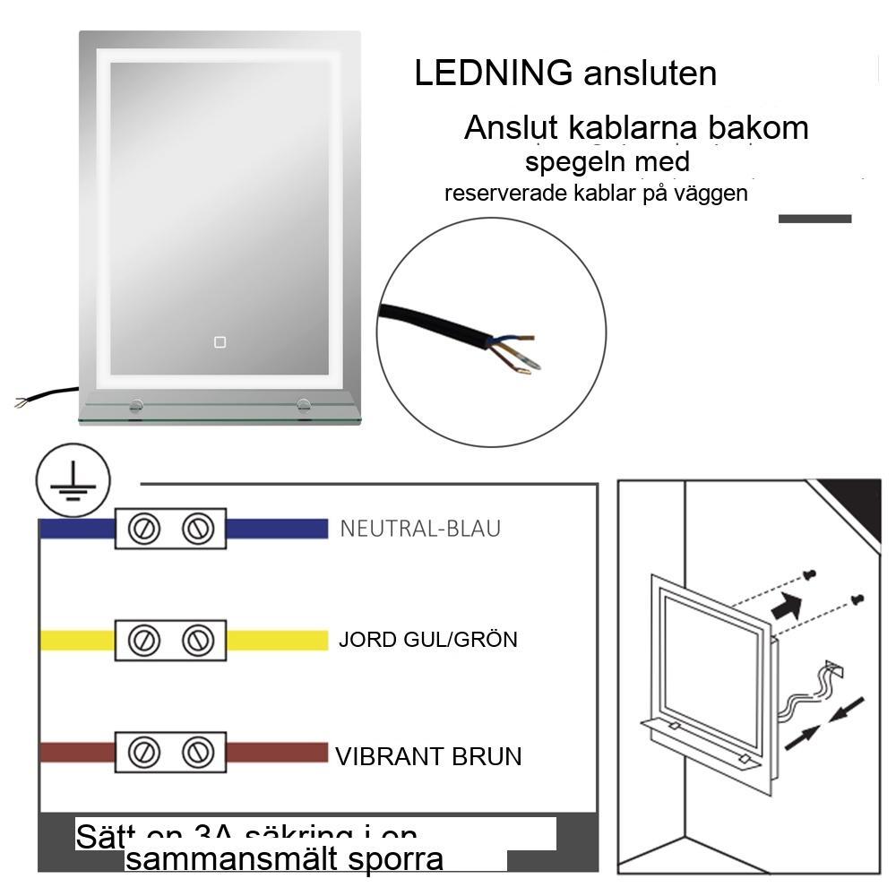 LED Badrumsspegel med 3 ljusfärger och Touch Switch, 50x70cm