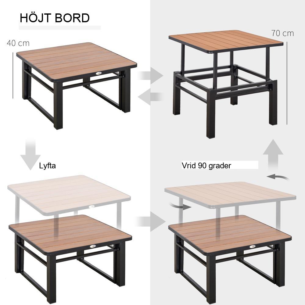 Trädgårdssoffset i grå aluminiumrotting för 5 med justerbart bord