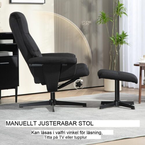 Black Velvet Recliner Stol med gung- och vridfunktion samt fotpall