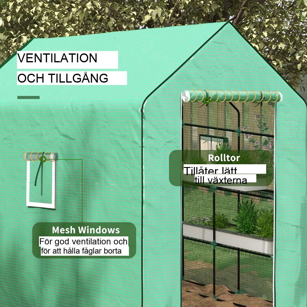 UV-beständigt växthusskydd med rulldörr och fönster, grön, 140x213cm