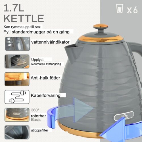 Elegant set med vattenkokare och brödrost, 1,7 l vattenkokare, brödrost med 4 skivor, 7 brunningsnivåer