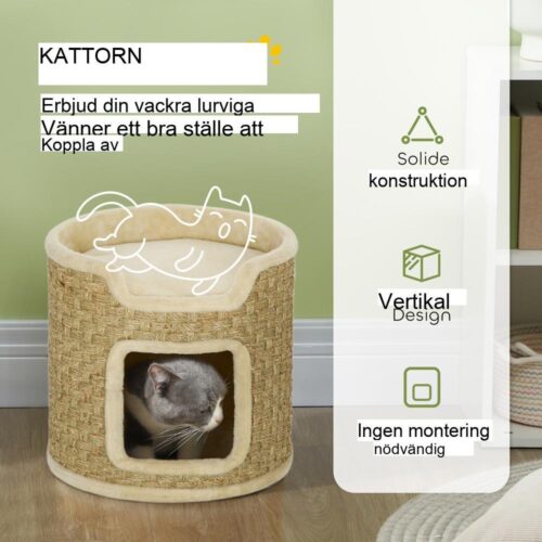 Khaki Cat Tower Barrel Skrapstolpe – 2 nivåer, Sisal Material