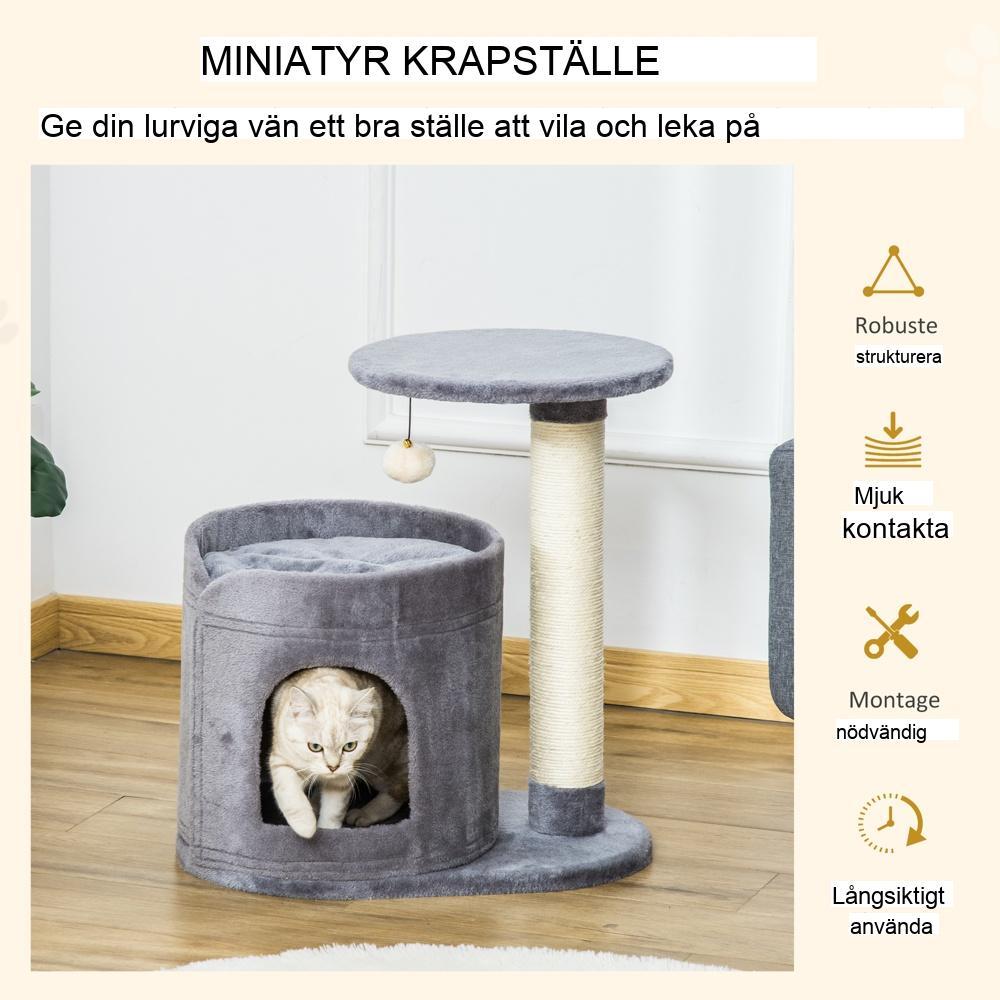 Grå kattträd med skrapstolpe, grotta och boll – små katter