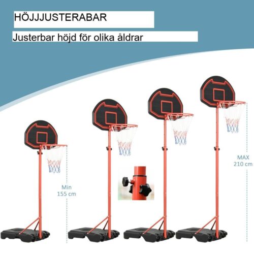 Höjdjusterbar basketbåge med stativ och hjul 194-249cm