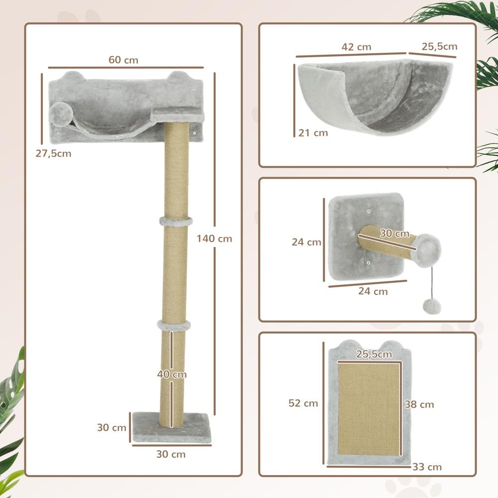5-delat kattklätterväggsset med skrapstolpar, hängmatta och plattform – ljusgrå