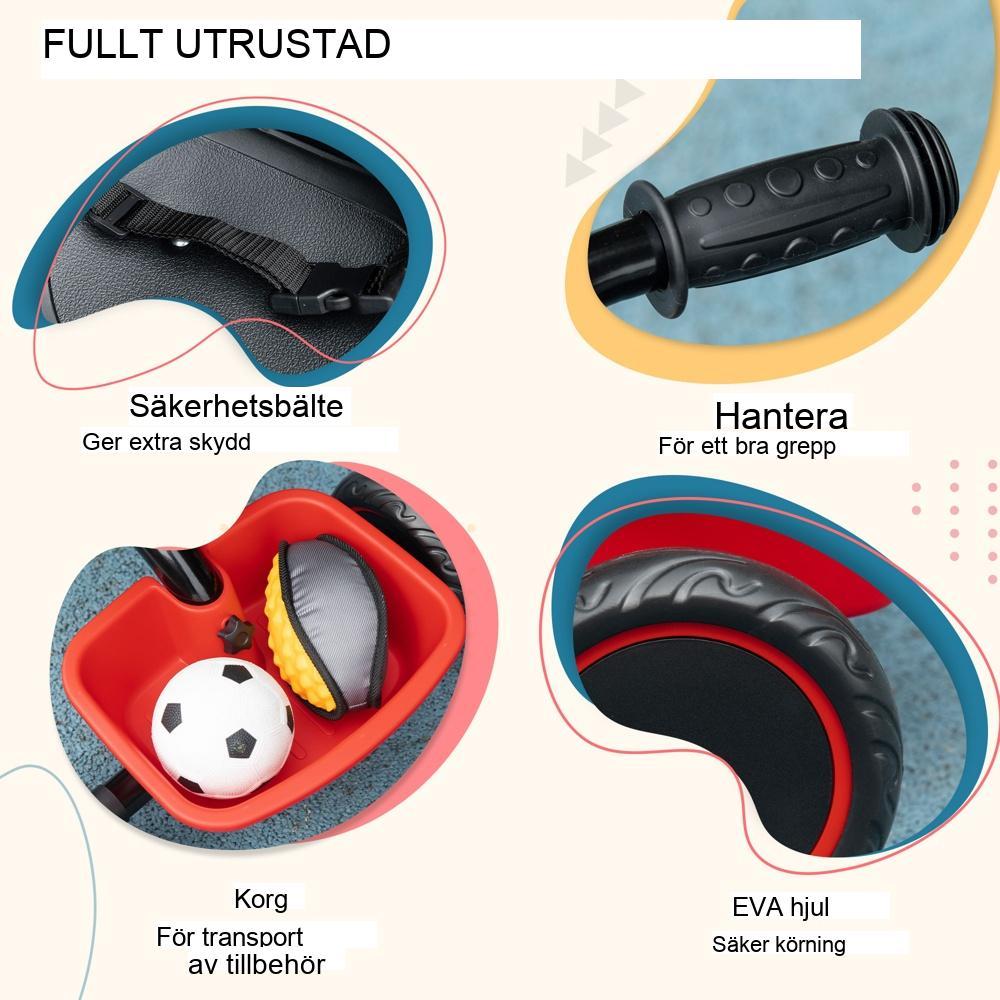 Justerbar trehjuling för barn, säkerhetsbälte och korgar, åldrarna 2-5