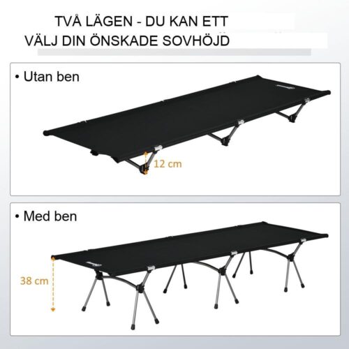 Justerbar campingsäng i aluminium, svart, rymmer upp till 150 kg