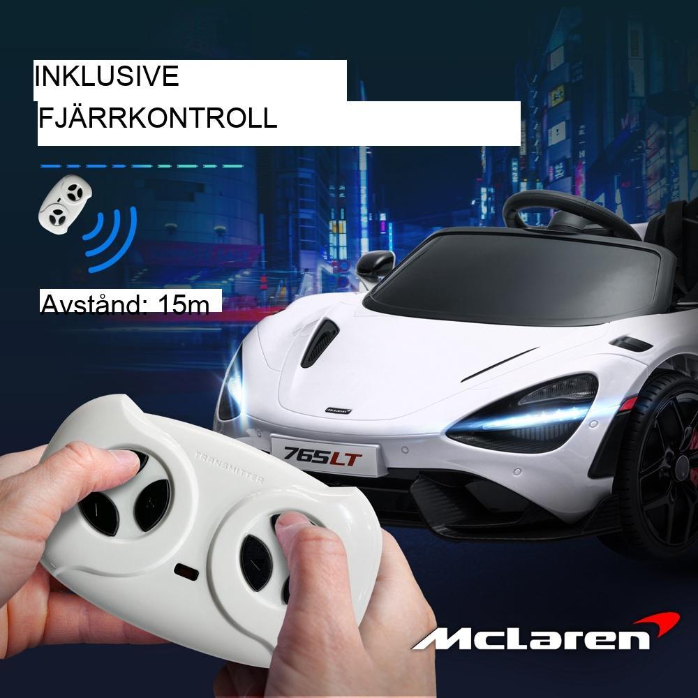 McLaren 765LT licensierad elbil för barn med fjärrkontroll, lampor och musik