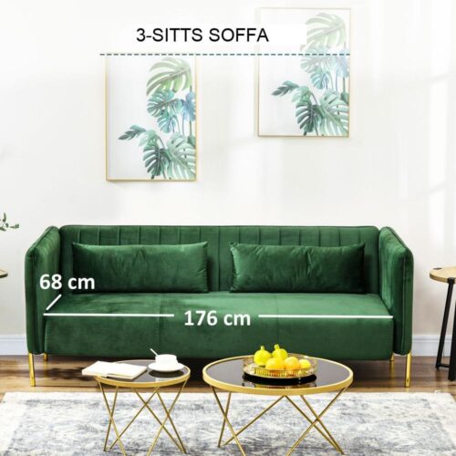 Green Velvet Retro 3-sits soffa med kuddar, 200cm