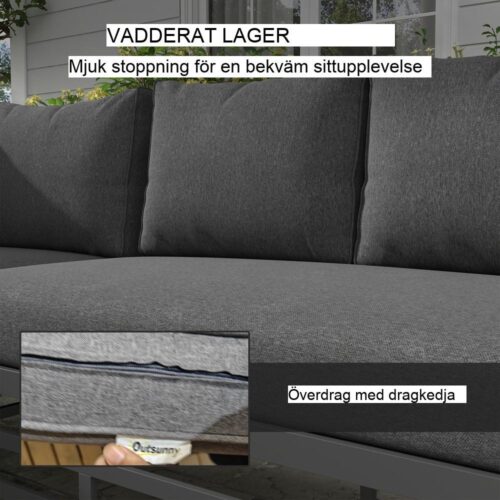 Trädgårdsloungeset i grått aluminium med soffa, kuddar och soffbord