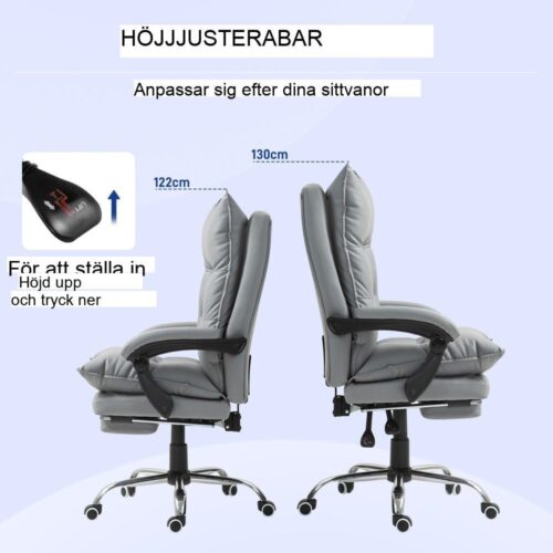 Ergonomisk liggande kontorsstol med fotstöd, höjdjusterbar, ljusgrå