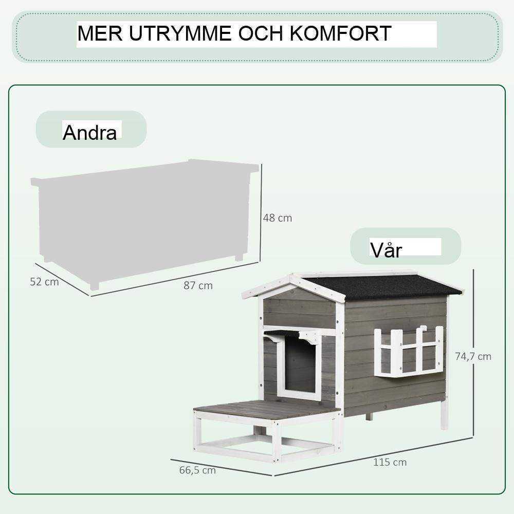 Gran Wood Cat House med terrass och balkong, grått och vitt